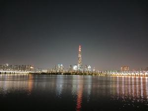 a view of a city at night with the water at Zen House,Jamsil Seoul in Seoul