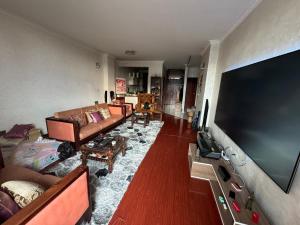 a living room with a large flat screen tv at Adwa Mega City Luxury Apartment in Addis Ababa