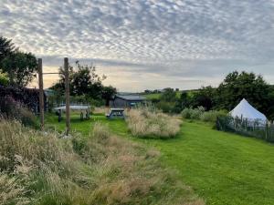 a field with a tent and some grass and clouds at Glamping Meadow Bell Tent in Stithians