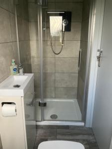 a bathroom with a shower and a toilet and a sink at Glamping Meadow Bell Tent in Stithians