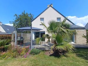 a house with a palm tree and an umbrella at ty koz in Erdeven