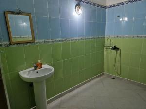 a green and blue bathroom with a sink and shower at Logement climatisé proche de Fès in El Harmiine