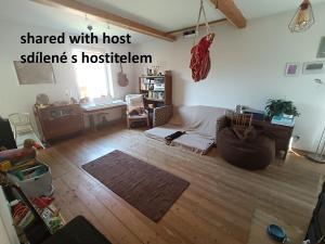 Posezení v ubytování EN Homestay with private top floor, 3 bedrooms, bathroom, kitchenette, host stays downstairs with a cat and 2 small dogs --- CS Soukromé horní patro, 3 ložnice, koupelna, vařič, balkon - Přízemí sdílené s hostitelem, kočkou a 2 malými psy