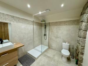 a bathroom with a shower and a toilet and a sink at Loft de charme en centre ville in Sartène