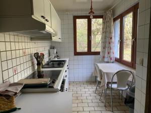 a kitchen with a stove and a table in it at PROPRIETE BORDEE D'ETANGS, PROPICE A LA DETENTE in Florenville +20 photos