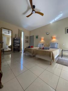 a bedroom with two beds and a ceiling fan at La Beaume in Blauvac +23 photos