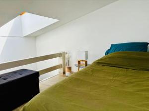 1 dormitorio con 1 cama grande y edredón verde en Rey - T2 terrasse, Cœur de ville, en Saint-Maximin-la-Sainte-Baume