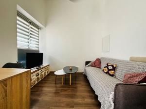 Una sala de estar con un sofá y un televisor. en Rey - T2 terrasse, Cœur de ville, en Saint-Maximin-la-Sainte-Baume