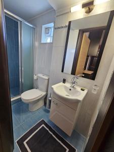 a bathroom with a sink and a toilet and a mirror at Porto Mesta in Mestá