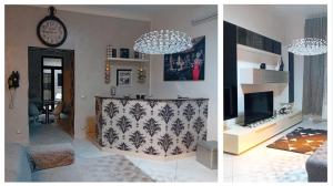 two pictures of a living room with a tv and a living room with a clock at Casa vacanze Emma Siracusa Canicattini Bagni in Canicattini Bagni