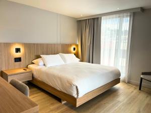 马尼萨莱斯Nodo Hotel的一间卧室，配有一张床、一张书桌和一扇窗户