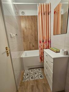 une salle de bain avec baignoire et douche dans l'établissement Domek letniskowy na Mazurach, à Mrągowo