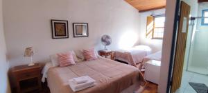 une chambre avec un lit avec des oreillers roses dessus dans l'établissement Pousada Santo Antônio Tiradentes 400m Maria Fumaça 2º Andar, à Tiradentes 47 autres photos