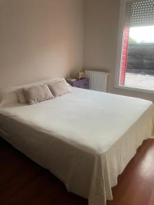 ein großes weißes Bett in einem Schlafzimmer mit Fenster in der Unterkunft Appartement 2 chambres in Artigues-près-Bordeaux