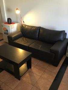 a black leather couch in a living room with a table at Terraza y sol in Buenos Aires