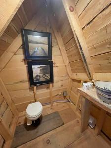 an overhead view of a bathroom with a toilet and a tv at Alderbrook Yurt in Warrensburg