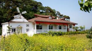 a house with a windmill in a field of flowers at Anmyeondo Pension Ing in Taean