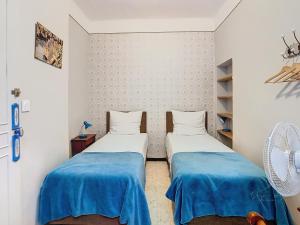 Dos camas en una habitación con azul y blanco. en Apartment La Terasse, en Carcassonne