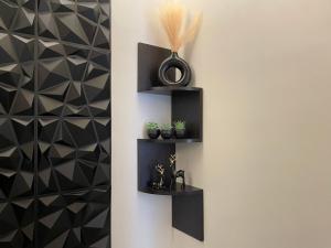 een zwarte wandplank met potplanten erop bij A Chill Modern Apartment in Riyad