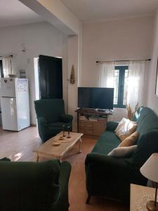un soggiorno con 2 divani verdi e una TV di Cottage Meraki a Káto Kalésia