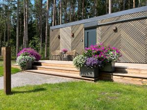 a house with two potted plants on a wooden deck at Mustika Mirror minivilla saunaga in Kärdla