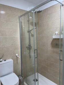a bathroom with a glass shower with a toilet at Precioso piso en el centro de la ciudad con vistas in Santa Cruz de Tenerife
