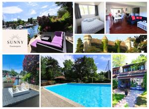 a collage of photos of a pool and houses at Le bonheur les pieds dans l'eau in Thonon-les-Bains