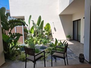 a courtyard with chairs and plants in a house at Samos Tropic Apartments in Ríva