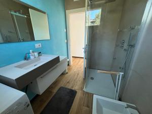 a bathroom with a glass shower and a sink at Casa vacanze Al Cielo in Sarnano
