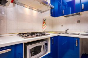 a kitchen with blue cabinets and a stove top oven at Cozy Suite Rogoredo Apartment next to the metro and train station in Milan