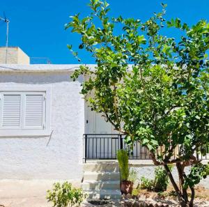 a white house with a tree in front of it at Nàra house 2 in Artemida