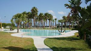 a swimming pool with palm trees in a park at Infinity Resort Tropea in Parghelia