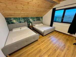 a bedroom with two beds and a large window at Cabana Brad Apuseni Villa in Cotorăşti +22 photos