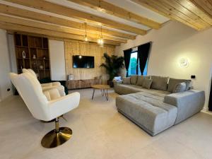 a living room with a couch and a chair at Cabana Brad Apuseni Villa in Cotorăşti