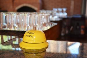 ボルシャにあるCasa La Marin Borșaのテーブルの上に置かれた眼鏡をかけた黄色い帽子