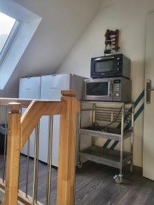 a kitchen with a microwave on a shelf with a table at JaNettes Gästehaus in Bad Doberan