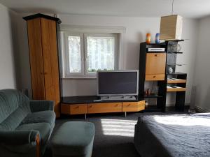 a living room with a tv and a couch at Monteurswohnung am Obstgarten in Klingenberg