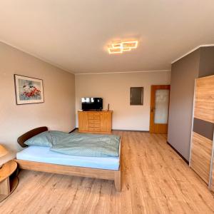 a bedroom with a bed and a television in it at Ferienwohnung Bohlen in Wehden