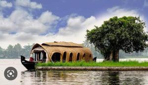 阿勒皮Kalappura Houseboats & Tours的一艘茅草屋顶的船坐在水中