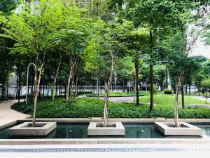 ペタリンジャヤにあるCozy Vibes Stay at Petaling Jaya with Sky Poolの木々や噴水のある公園