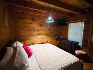 a bedroom with a bed in a room with wooden walls at Back to Creek, Pool Table, Firepit & Grill in Cosby