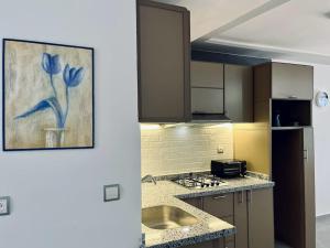 a kitchen with a sink and a painting on the wall at Cozy Family House in City-Center in Chefchaouene