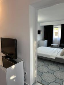 a bedroom with a bed and a tv in a room at Forest house in Eforie Nord