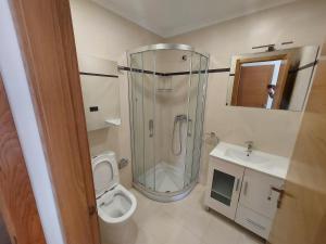 Un baño con ducha, inodoro y lavabo. en Apartamento Xemoga, en Lugo