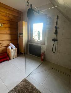 łazienka z prysznicem i szklanymi drzwiami w obiekcie Góralska Chata & Spa w Muszynie