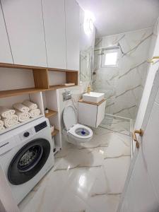 une salle de bains avec lave-linge et toilettes dans l'établissement Mirajul Apartment, à Turda