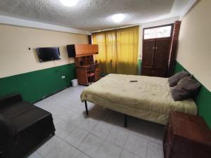 a bedroom with a bed and a couch and a tv at Departamentos del Jardín de Toribio in Huamantla