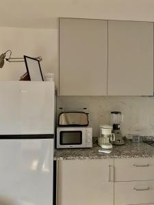 a kitchen with a white refrigerator and a microwave at Casinha dos Carris in Valença +25 photos
