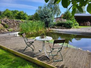 a table and chairs on a wooden deck next to a pond at Poggenhagen Urlaub mitten in der Natur in Neustadt am Rübenberge