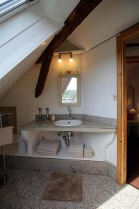 un baño con lavabo y espejo en Apartment 180 qm BIBERBURG, in der romantischen Rödermühle an der Fränkischen Saale in Deutschlands Mitte, 8 km zur A7, en Hammelburg